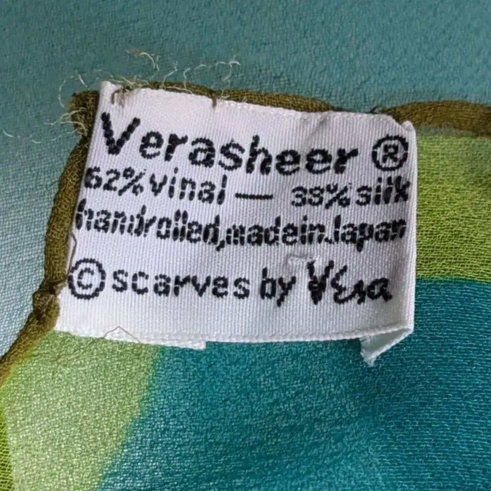 Vintage 70s Vera Neumann Sheer Green Autumn Leaves Silk Blend Rolled Scarf